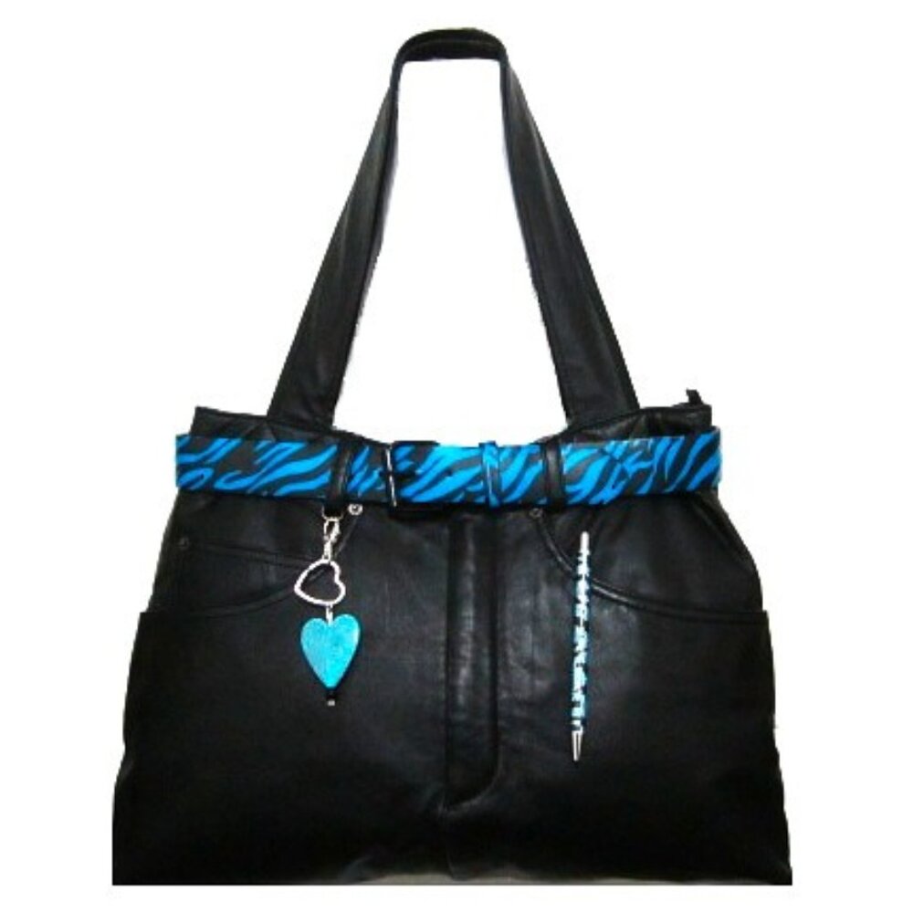Jeans Tote Bag Leather Upcycled with Scarf Blue Zebra Print